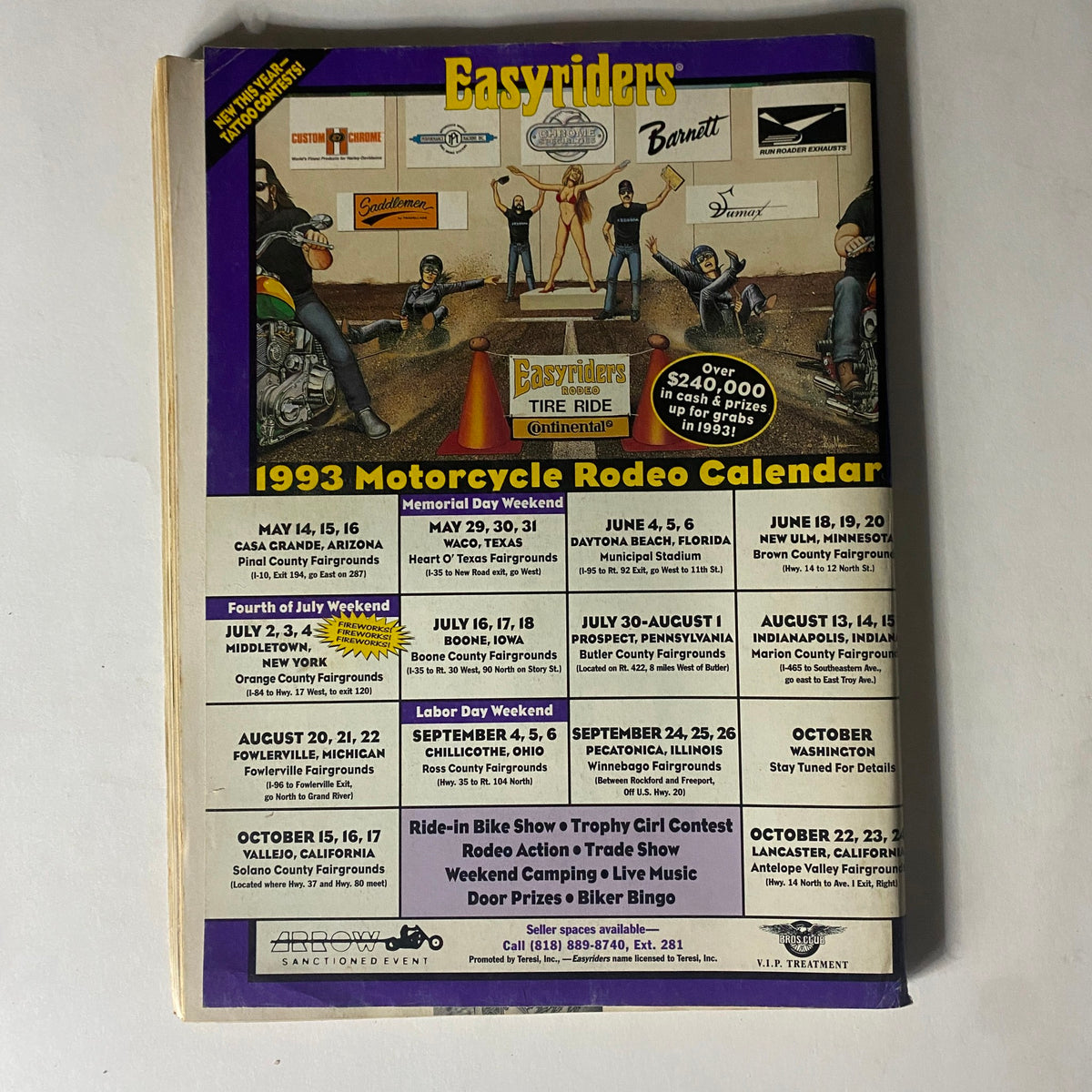 Easyriders Magazine June 1993 The Mariposa Bike Fest 1993 - featuring the 1993 Motorcycle Rodeo Calendar with event dates and locations, organized in a colorful layout, capturing the essence of biker culture and events from that era.