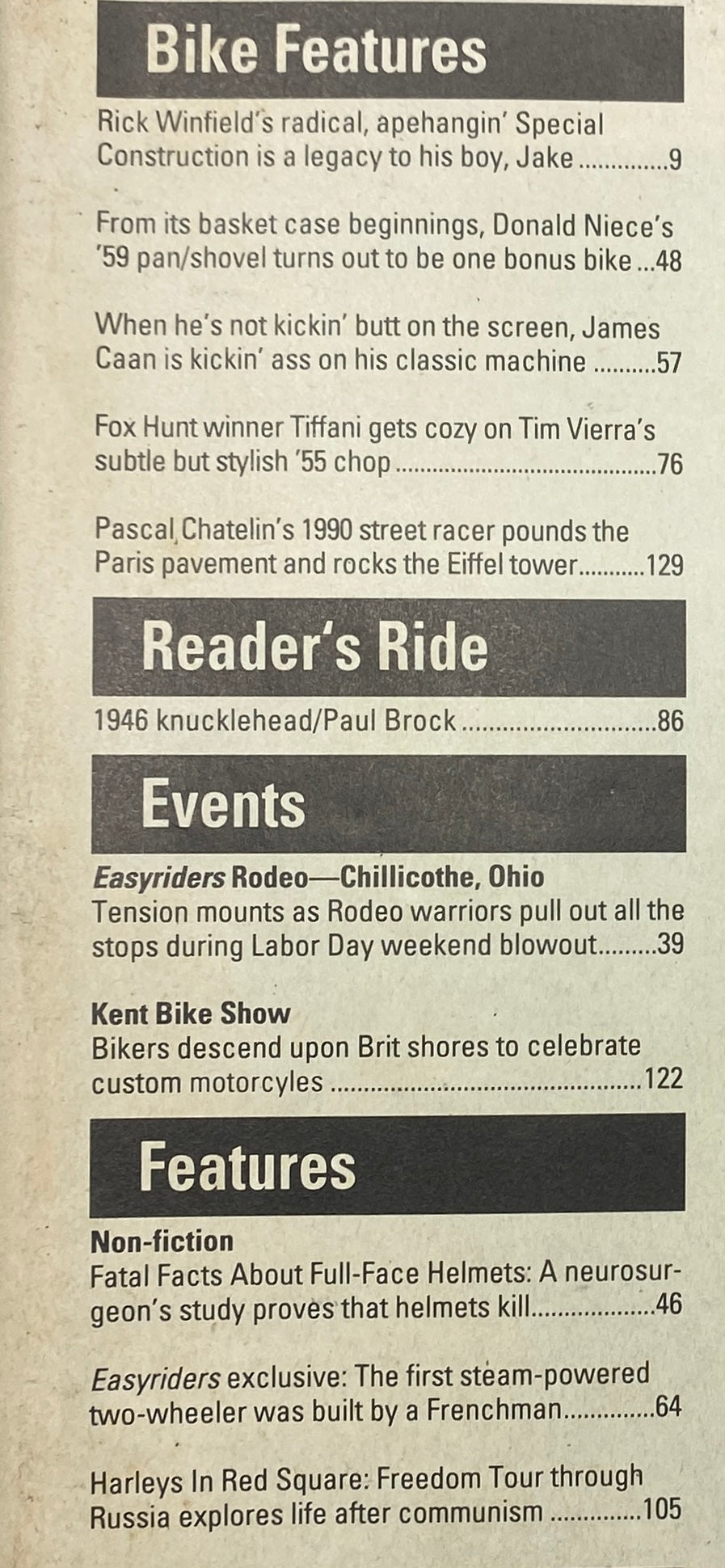 Table of contents from Easyriders Magazine February 1993, listing features on motorcycles and events.