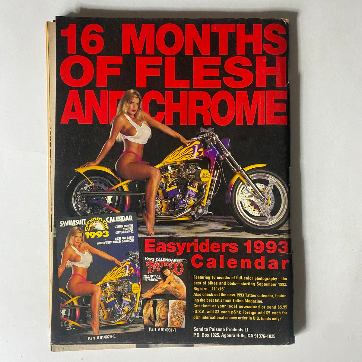 Cover of the Easyriders 1993 Calendar displaying a motorcycle and model, promoting the magazine's blend of bikes and lifestyle.