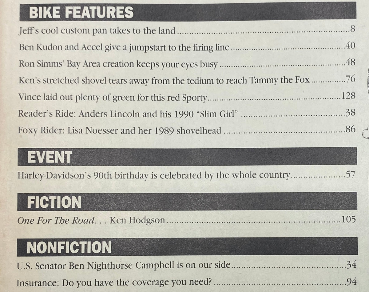 Easyriders Magazine October 1993 table of contents featuring bike features, events, fiction, and nonfiction listings about motorcycle culture.