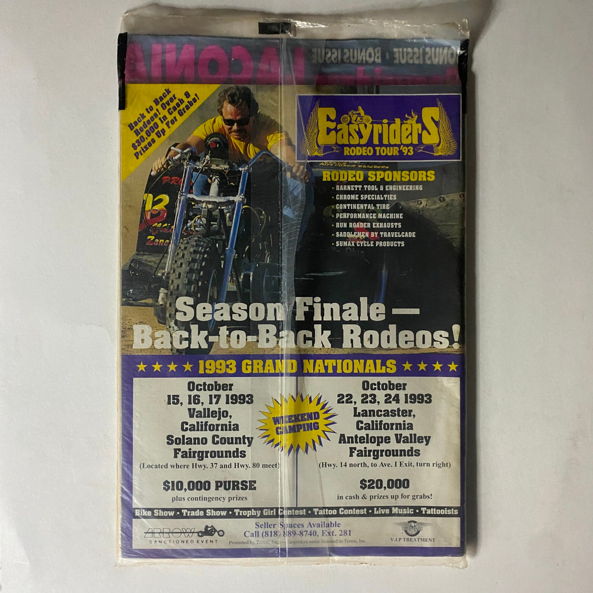 Back cover of Easyriders Magazine November 1993 advertising the 1993 Rodeo Tour with event details and sponsors, representing biker culture and motorcycle events.