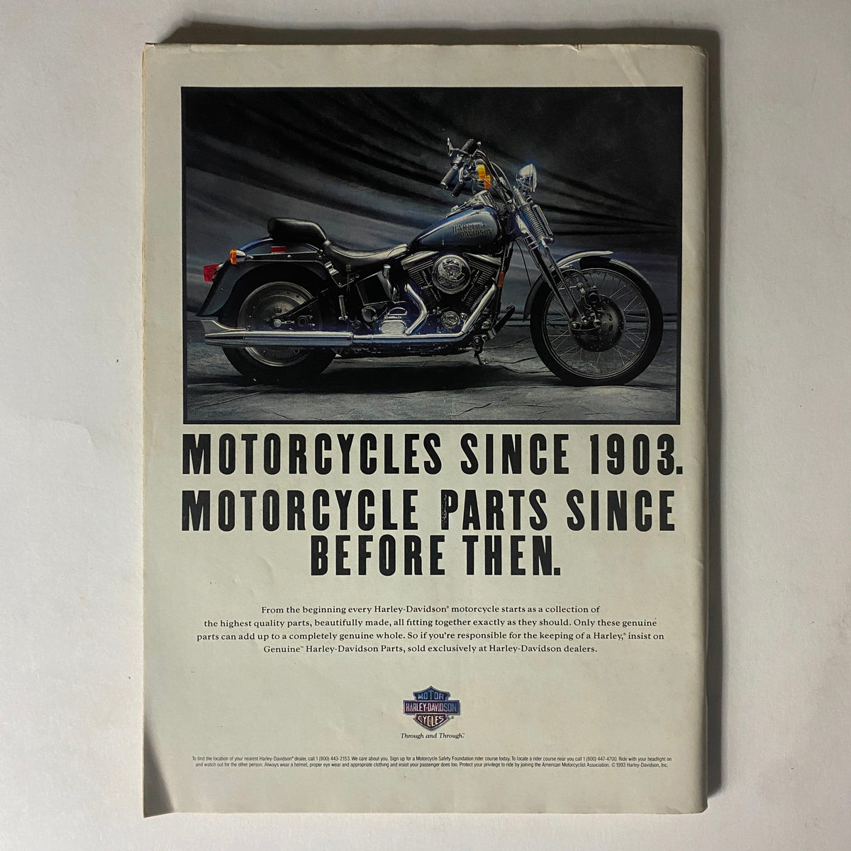 Easyriders Magazine December 1993 back cover featuring a promotional advertisement for Harley-Davidson motorcycles and parts.