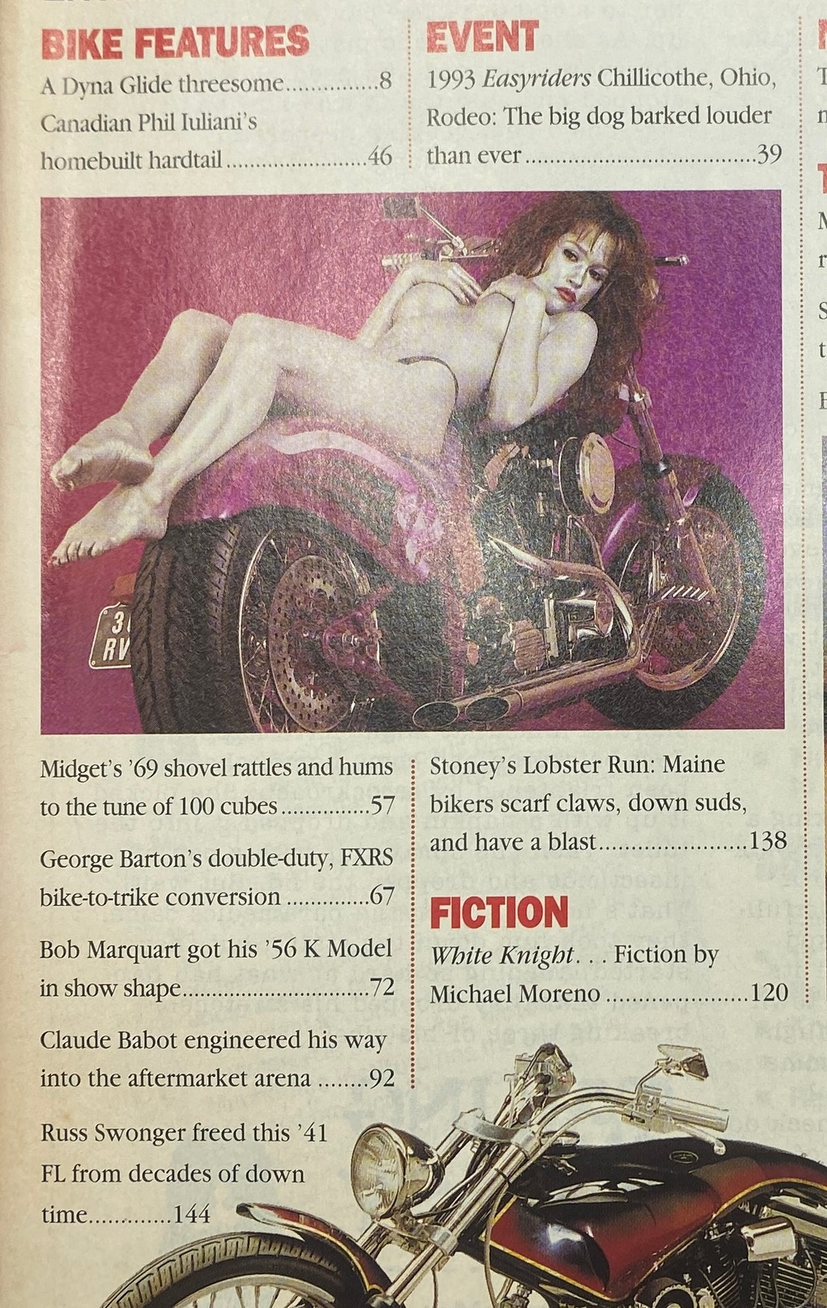 Easyriders Magazine January 1994 featuring a photo of a model on a motorcycle, highlighting bike features and events from the 1993 Easyriders Rodeo in Chillicothe, Ohio.