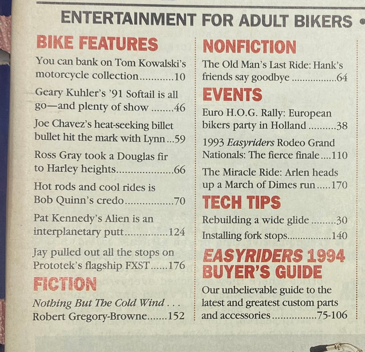 Table of contents from Easyriders Magazine April 1994, highlighting feature articles including 'The Old Man’s Last Ride' and various bike features, event coverage, and technical tips.