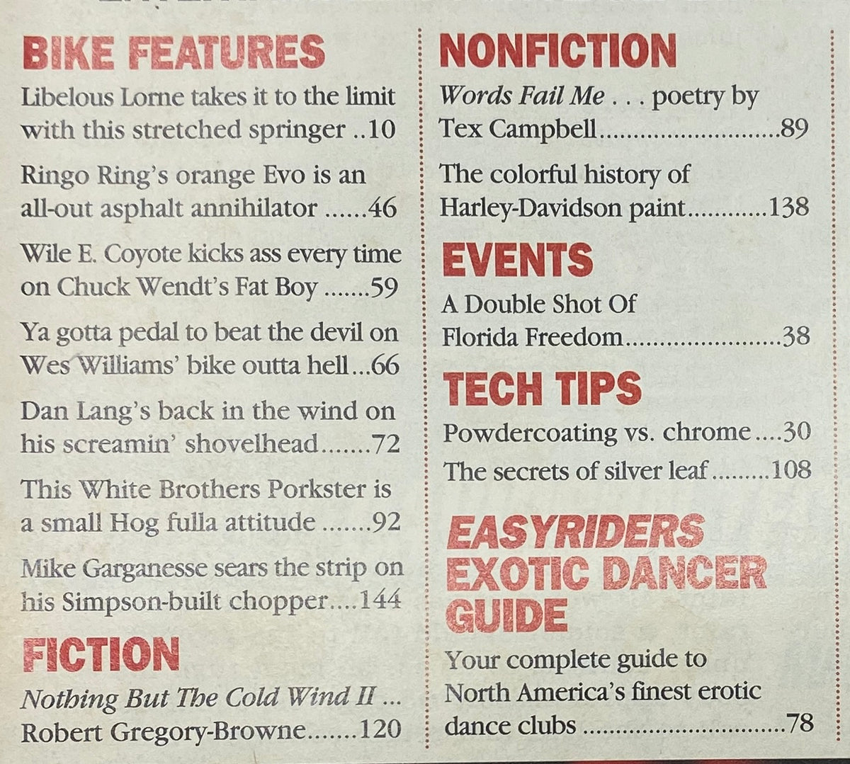 Table of contents from Easyriders Magazine May 1994 outlining features such as bike highlights and the colorful history of Harley-Davidson paint.
