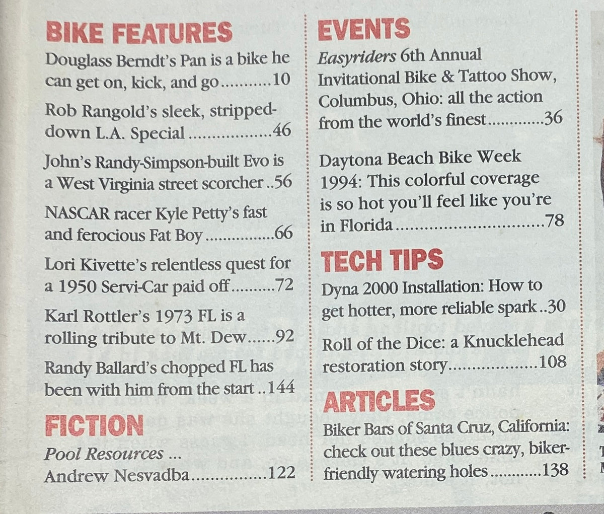 Easyriders Magazine July 1994 Table of Contents page detailing bike features, events coverage on Daytona Beach Bike Week, and tech tips for motorcycle enthusiasts.