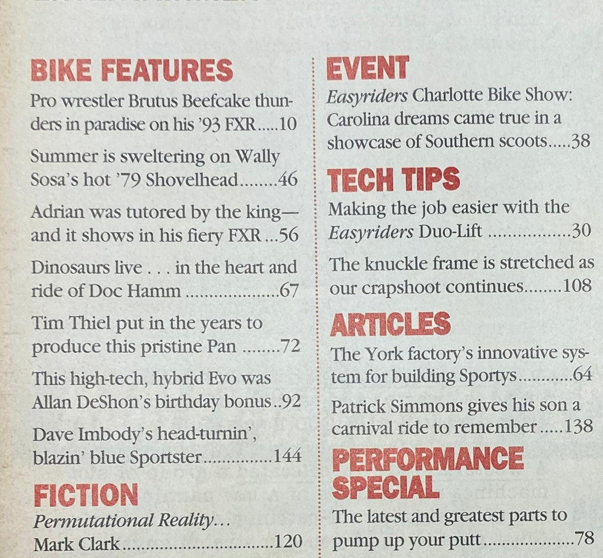 Table of contents from Easyriders Magazine September 1994 showcasing bike features, events, tech tips, and articles related to motorcycle culture.