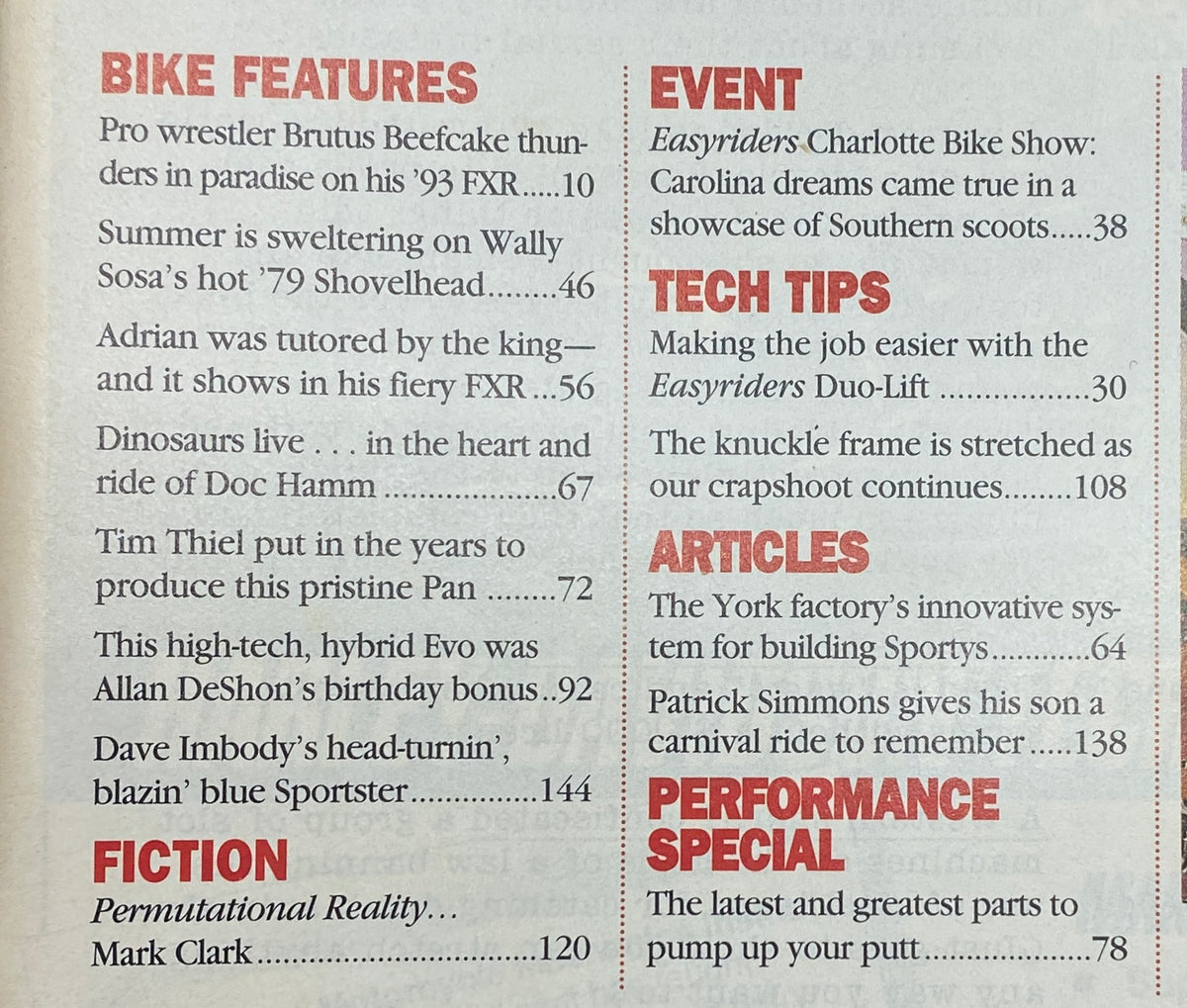Page from Easyriders Magazine September 1994 detailing bike features, events, and articles, showcasing insights into motorcycle culture and customization.