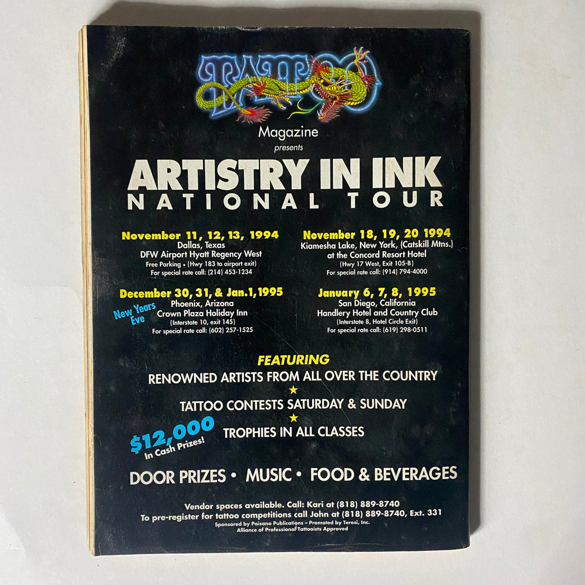 Back cover of Easyriders Magazine December 1994 promoting the Artistry in Ink National Tour with details on events and contests related to tattoo art, emphasizing the vibrant culture of motorcycling.