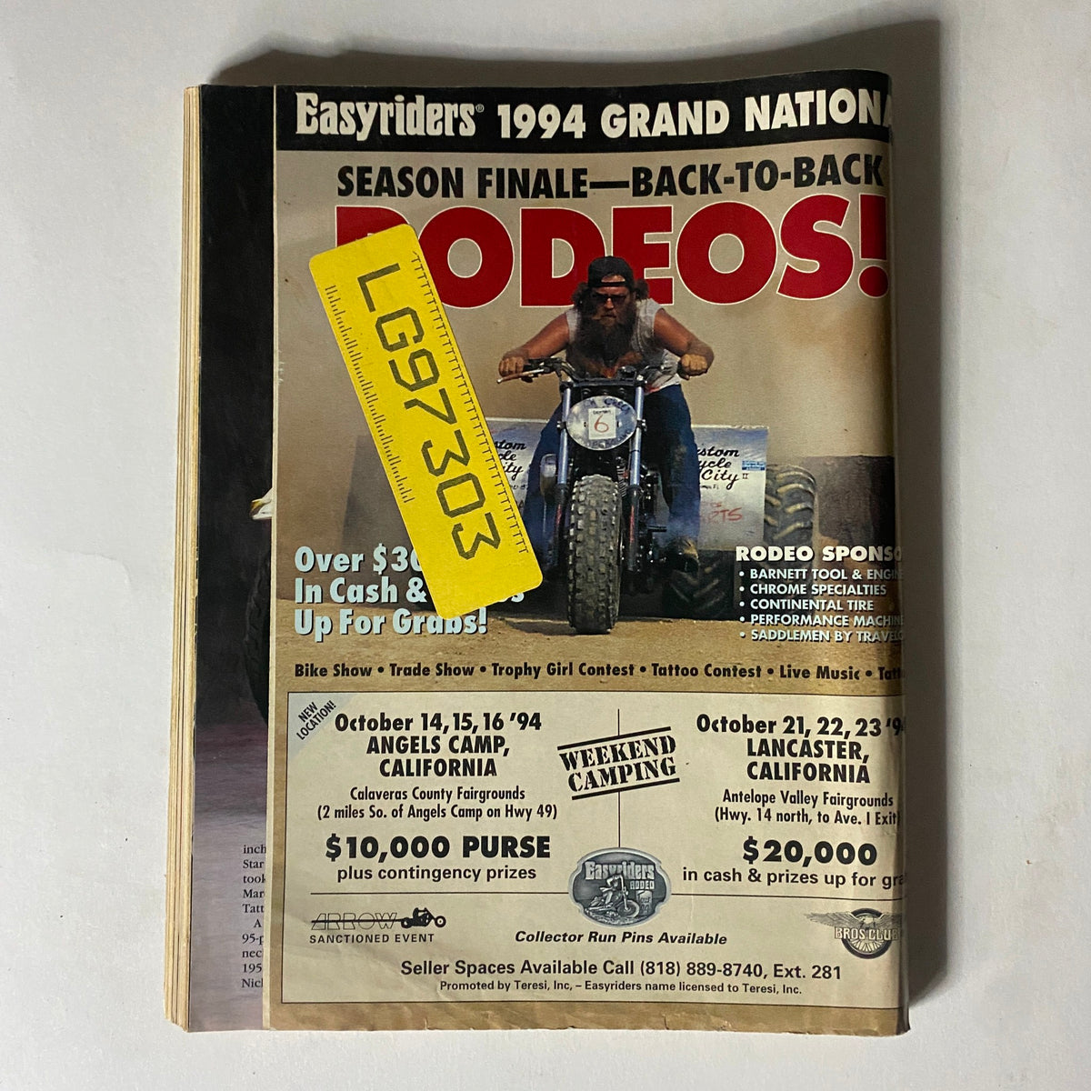 Easyriders Magazine November 1994 showcasing the back cover with promotional details for rodeos, including event dates and prize information.