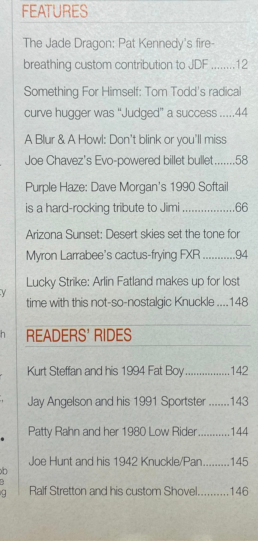 Features page from Easyriders Magazine, November 1995, listing articles including 'The Jade Dragon' and 'Purple Haze'. This page encapsulates significant custom bikes and stories relevant to motorcycle enthusiasts.