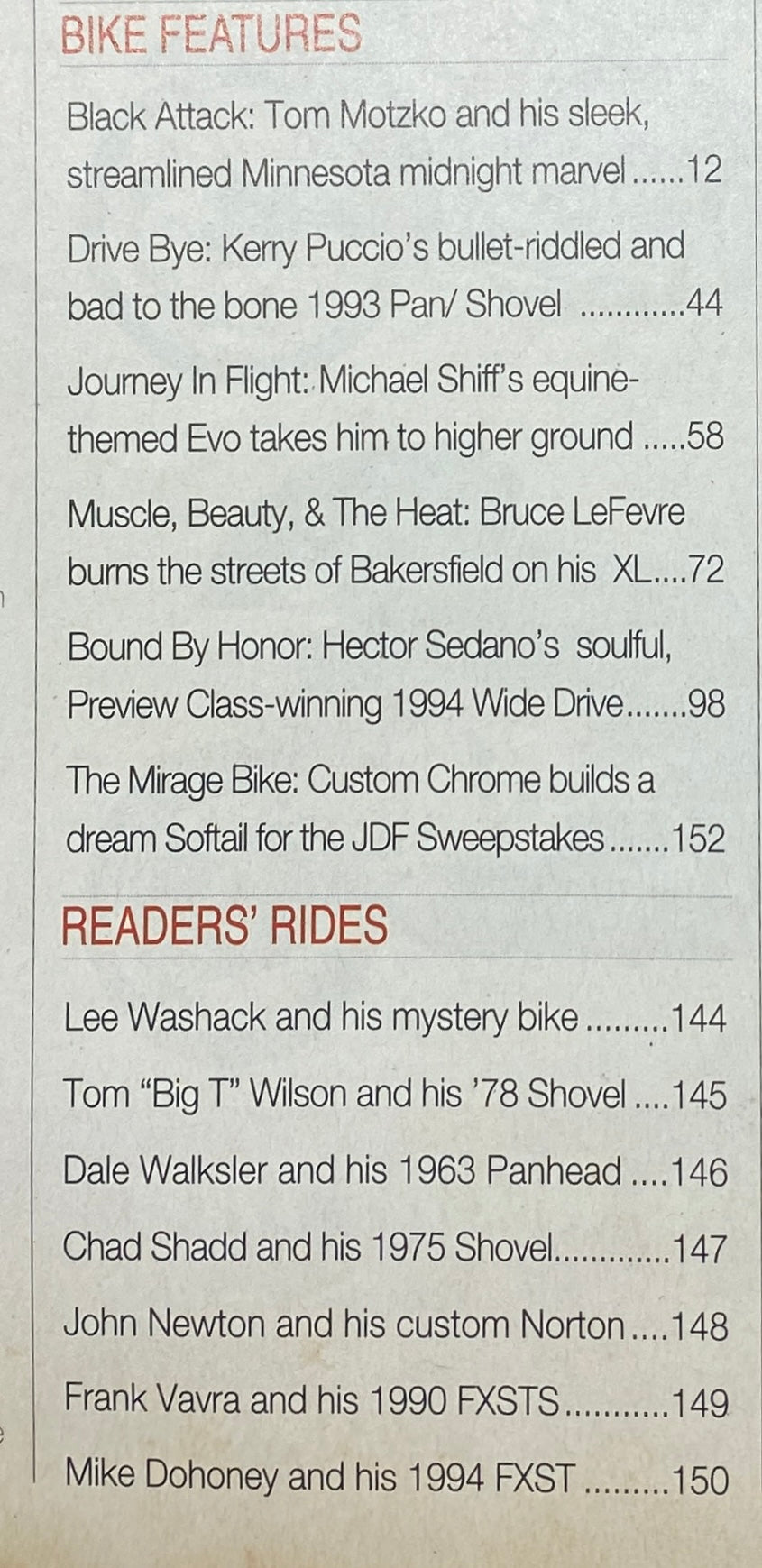 Bike features section from Easyriders Magazine July 1995, listing custom motorcycle highlights and reader's rides.