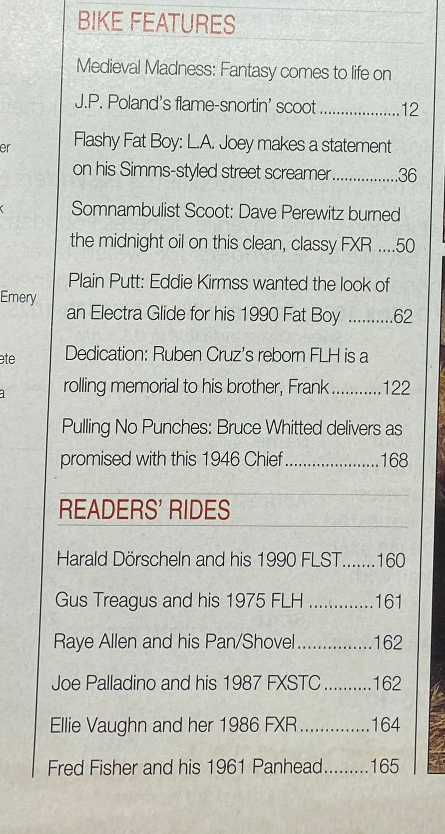 Inside page of Easyriders Magazine February 1995 listing bike features including Medieval Madness and Flashy Fat Boy, highlighting custom motorcycle builds of the 1990s.