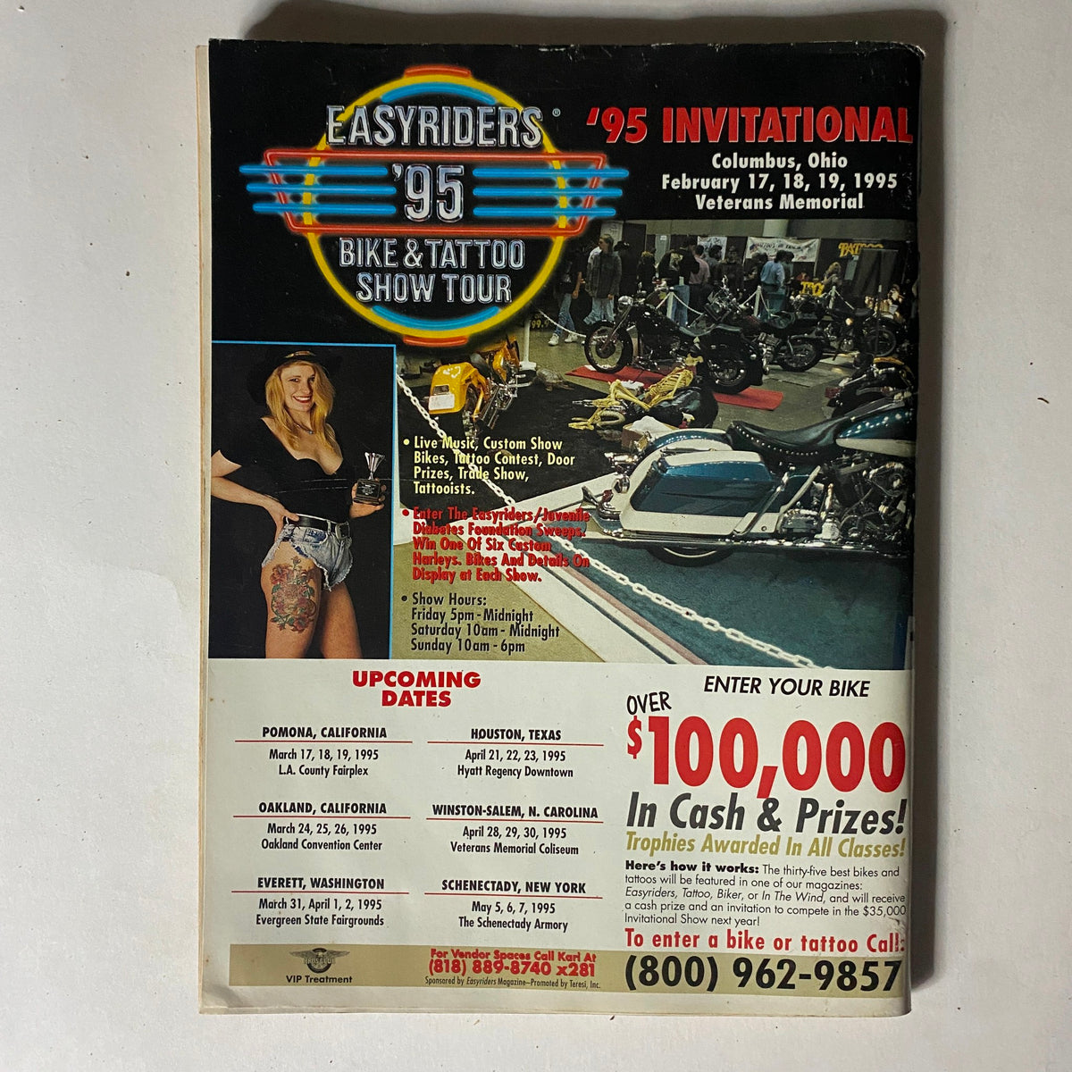 Back cover of Easyriders Magazine February 1995 promoting the '95 Bike and Tattoo Show Tour, detailing event dates and awards.