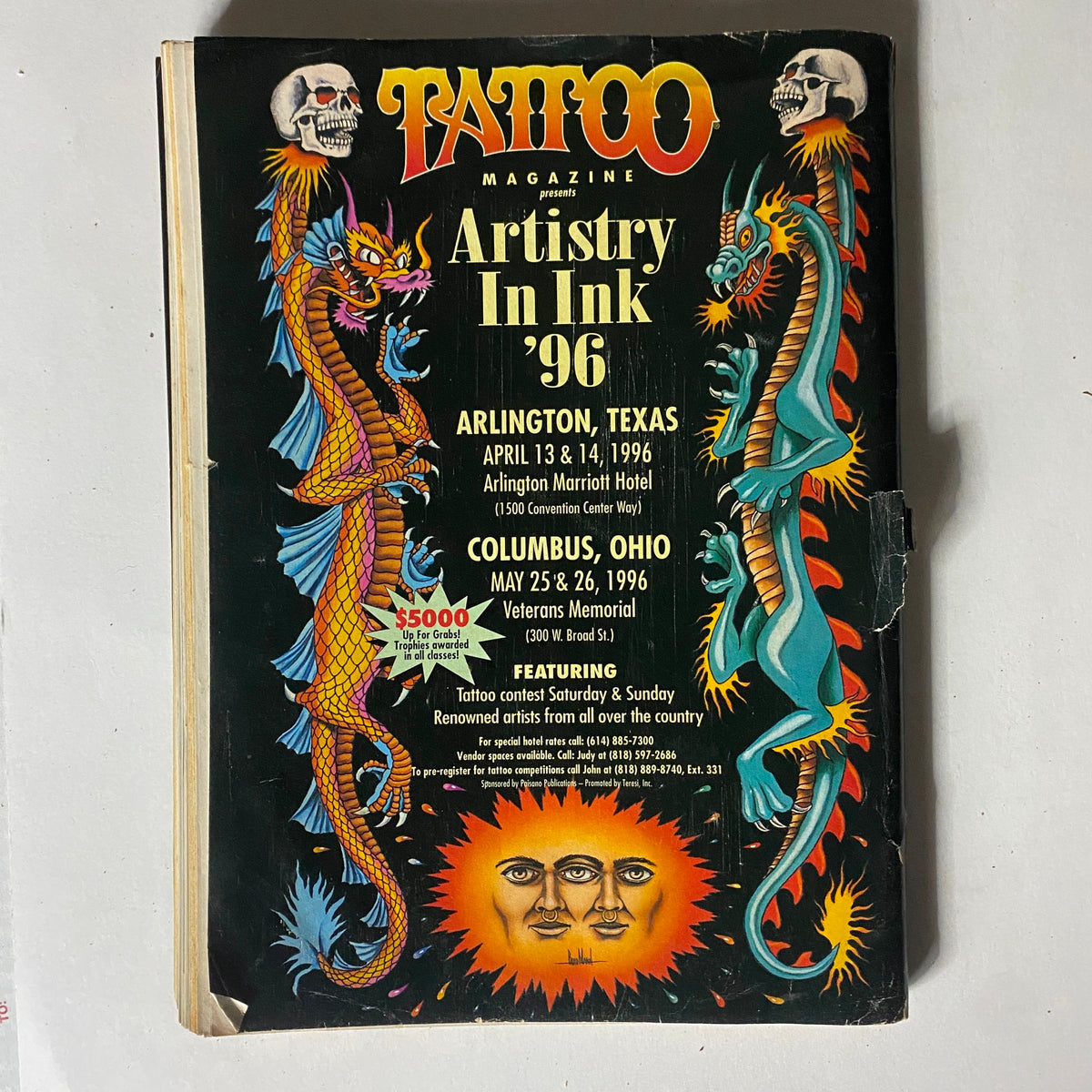 Cover of Tattoo Magazine presenting Artistry In Ink 1996, featuring colorful dragons and promoting tattoo events in Arlington, Texas and Columbus, Ohio.