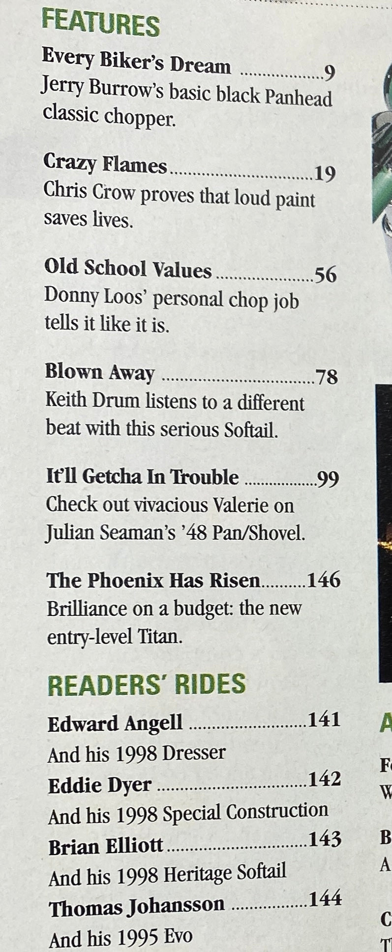 Table of contents from Easyriders Magazine September 1999, highlighting features like Every Biker’s Dream and Crazy Flames about custom chopper motorcycles.