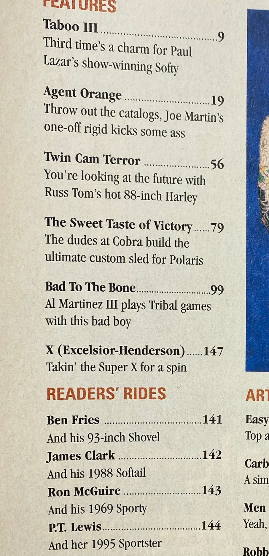 Interior page of Easyriders Magazine, October 1999, displaying the table of contents with feature articles including 'Taboo III', 'Agent Orange', and 'Twin Cam Terror', highlighting motorcycle customizations and rider stories.