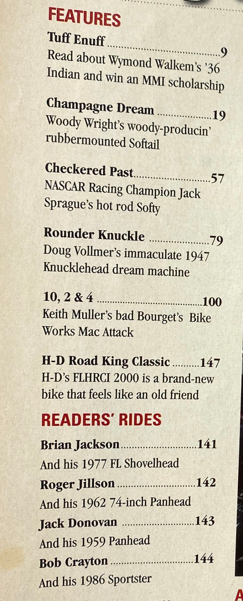 Contents page of Easyriders Magazine December 1999 detailing featured articles including Tuff Enuff and Champagne Dream, highlighting iconic motorcycles and characters from the wrestling and biker world.