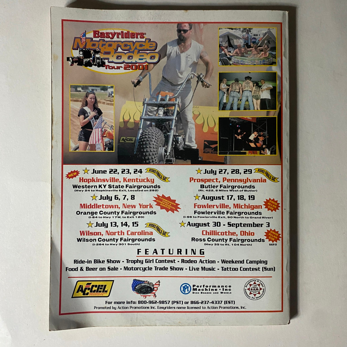 Back cover of Easyriders Magazine July 2001 promoting the Easyriders Motorcycle Rodeo Tour 2001 with event details and sponsors.