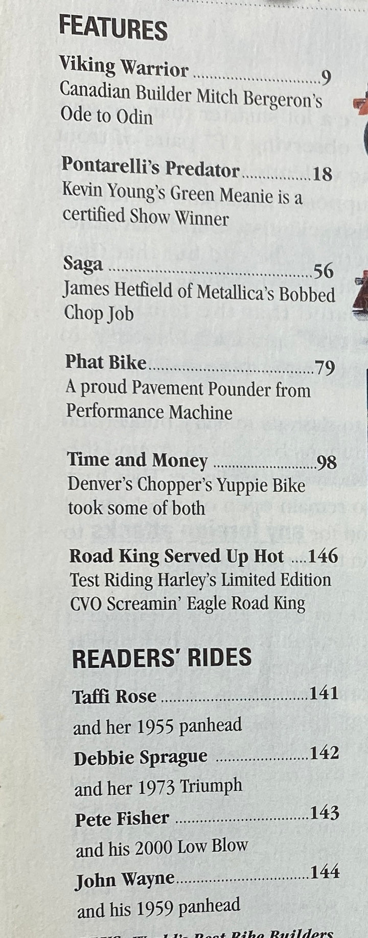 Inside page of Easyriders Magazine November 2001, listing features such as Viking Warrior and Road King Served Up Hot.