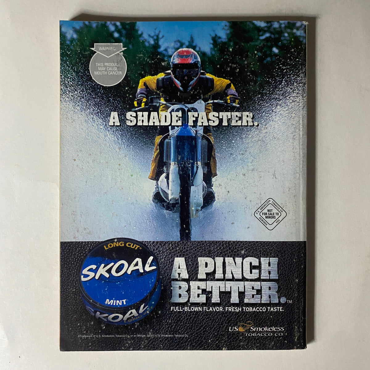 Back cover of Easyriders Magazine September 2001 #339 showcasing an advertisement for Skoal tobacco featuring a motorcyclist in action, emphasizing motorcycle lifestyle.