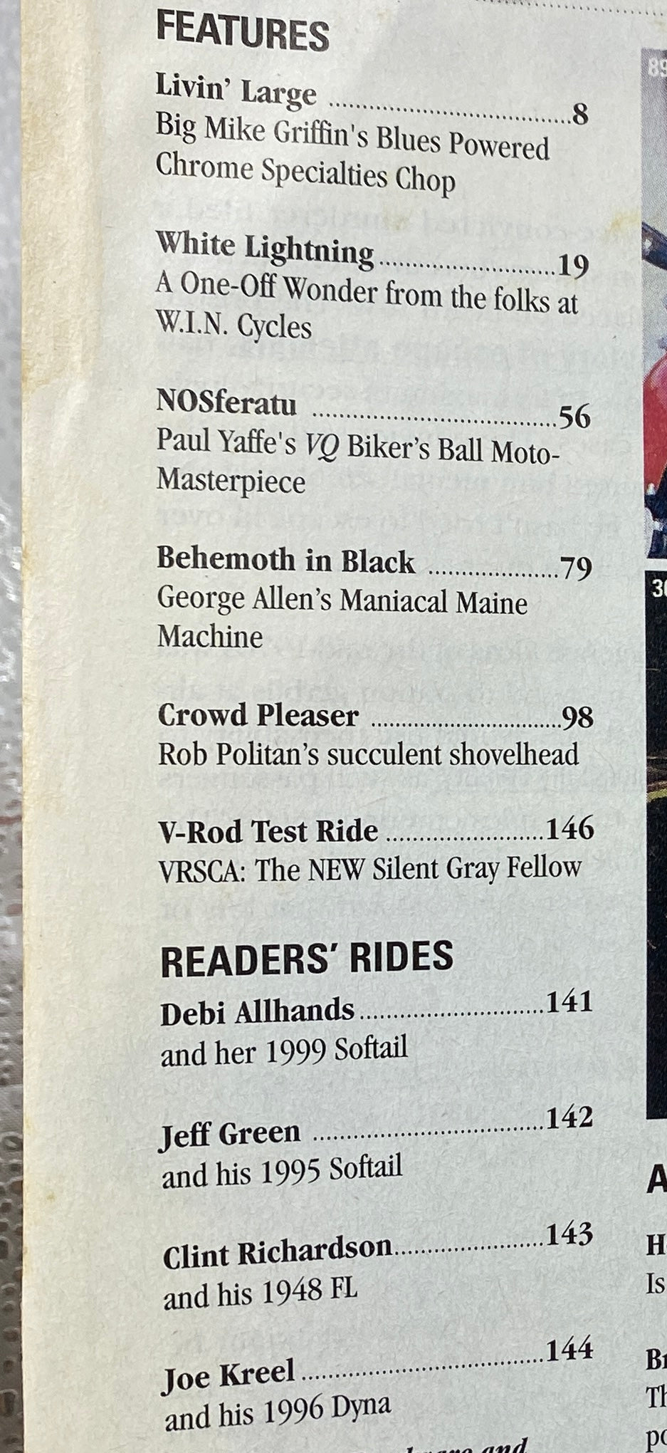 Contents page from Easyriders Magazine December 2001, listing features such as Livin' Large and readers' rides, showcasing motorcycle customization and biker lifestyle.