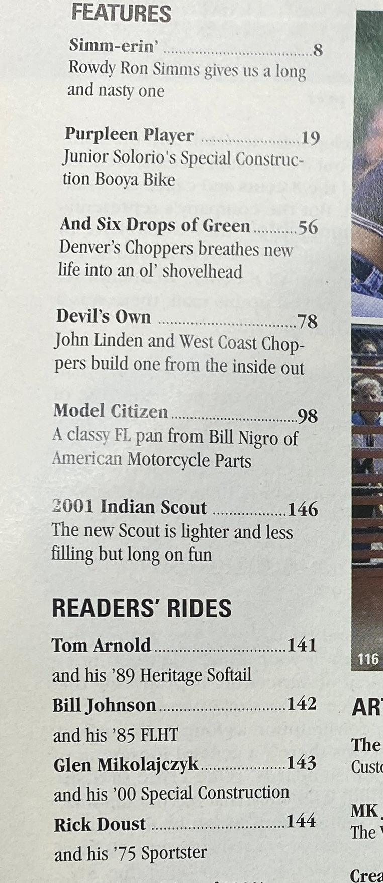 Easyriders Magazine February 2001, #332 content page showcasing features including Simm-erin', Purpleen Player, and Devil's Own, emphasizing motorcycle customization.