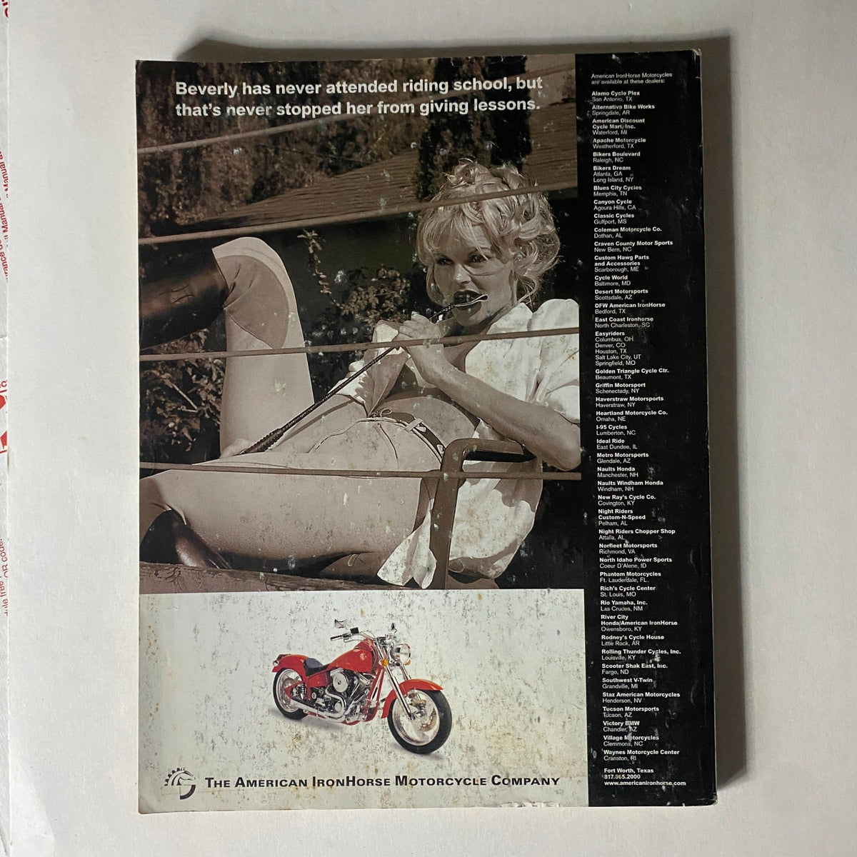 Easyriders Magazine February 2001, #332 back cover advertisement for American IronHorse Motorcycle Company, featuring a vintage motorcycle, part of the motorcycle culture.