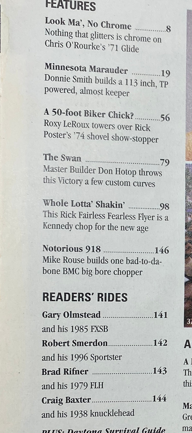 Easyriders Magazine March 2001 #333 features list highlighting articles including 'Look Ma', No Chrome' and 'A 50-foot Biker Chick?', showcasing motorcycle culture themes.