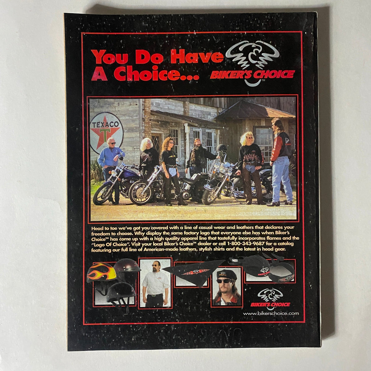 Easyriders Magazine March 2001 #333 back cover advertisement for Biker's Choice, featuring a group of bikers and motorcycles, highlighting biker fashion and accessories.