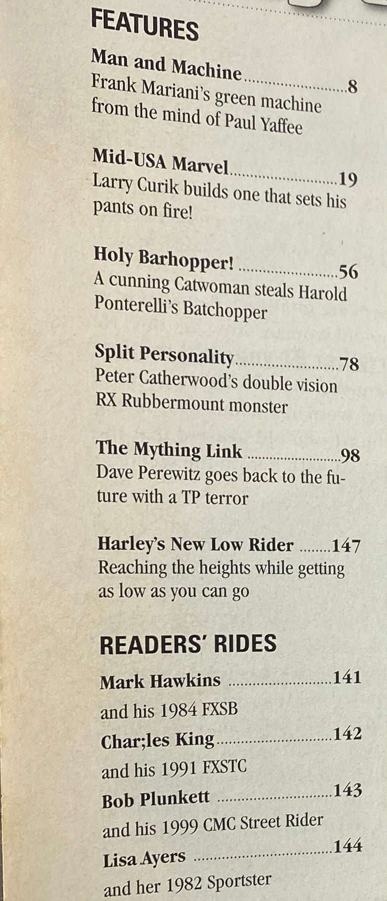 Inside page of Easyriders Magazine April 2001 #334 showcasing features list including articles on Frank Mariani's green machine, Catwoman's heist, and Harley's new Low Rider.