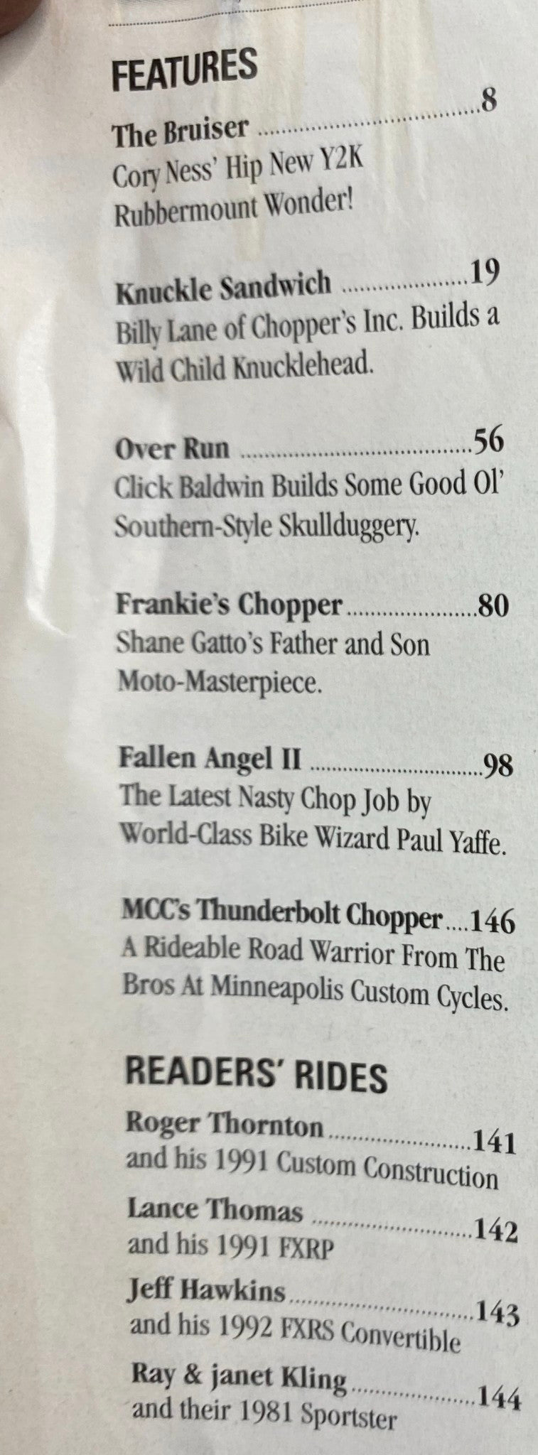 Table of contents from Easyriders Magazine March 2002 #345, listing various motorcycle builds and custom features.