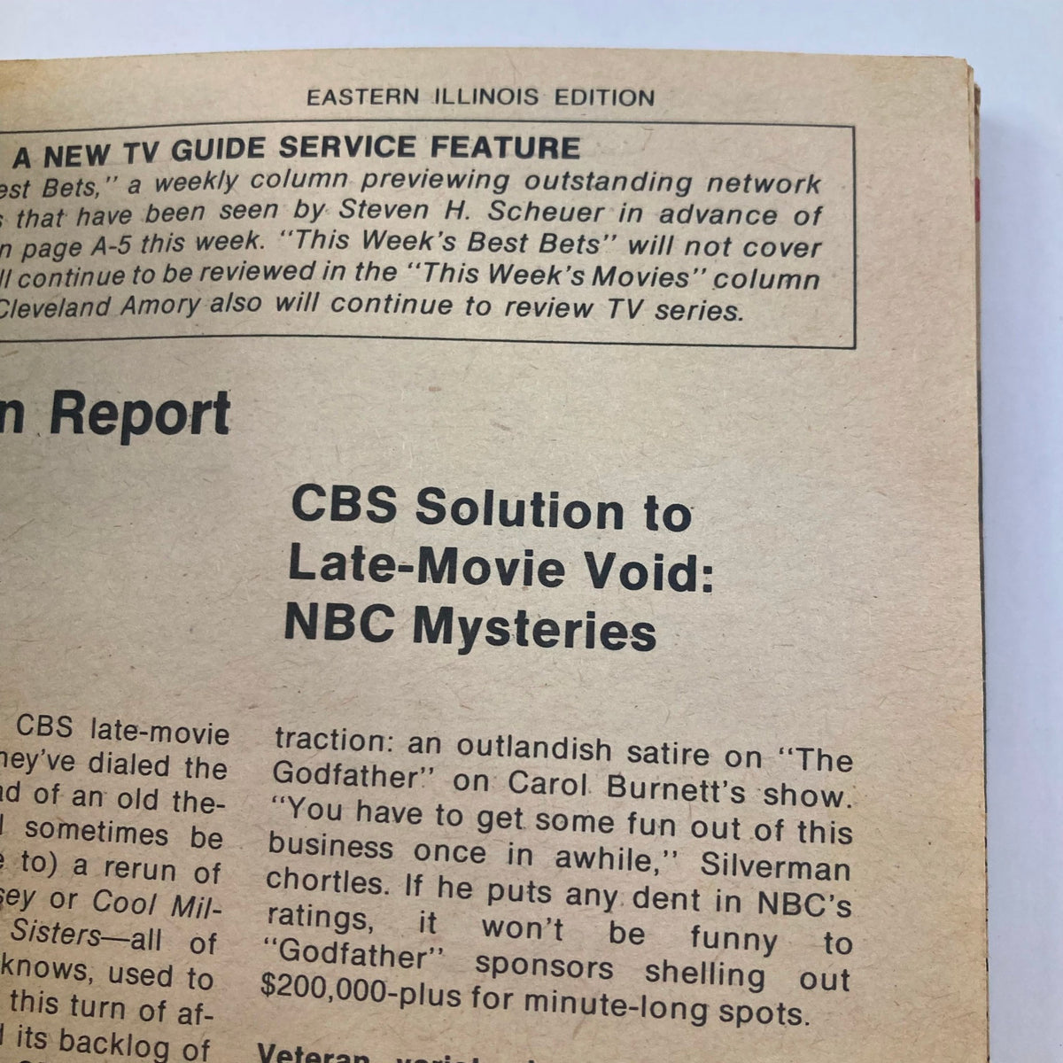 Article page from TV Guide Magazine September 7 1974 #1119 detailing CBS's response to late-movie void with NBC mysteries. A valuable piece of television history.