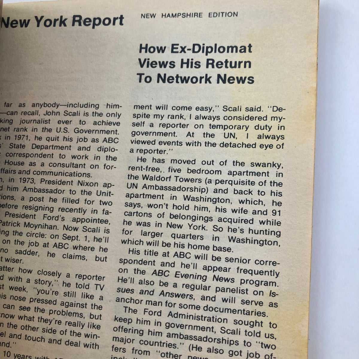 Inside page of TV Guide Magazine August 16 1975, detailing an article titled 'How Ex-Diplomat Views His Return To Network News' in the New Hampshire edition.
