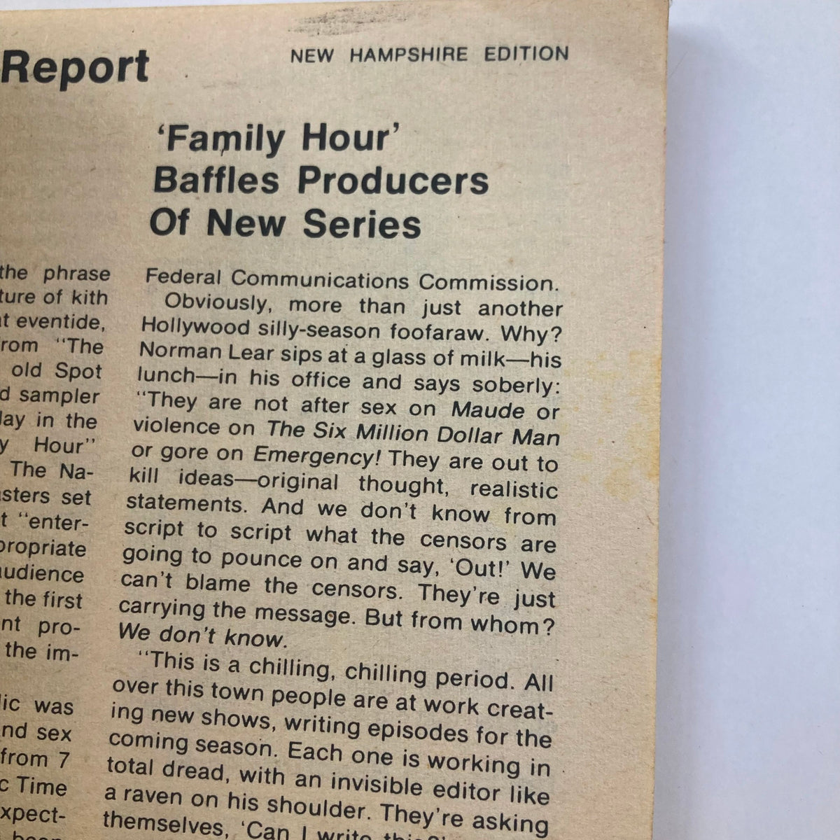 Article titled 'Family Hour' Baffles Producers Of New Series from TV Guide Magazine August 2, 1975 #1166 discussing television programming concerns.