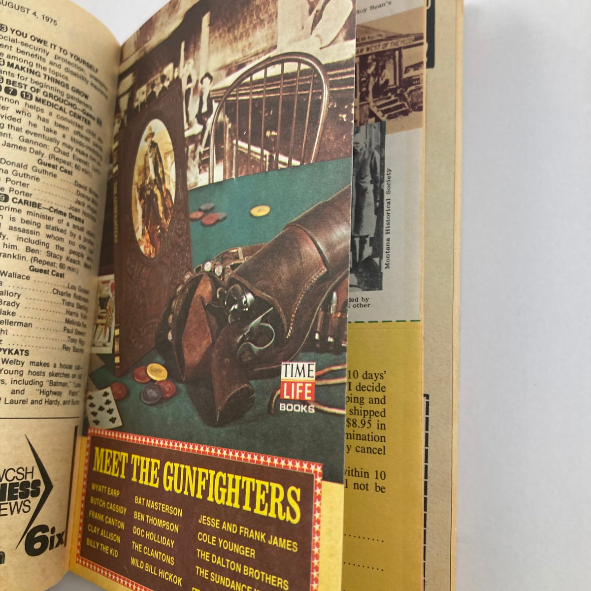 Interior page of TV Guide Magazine August 2, 1975 #1166 showcasing an advertisement for Time Life Books titled 'Meet The Gunfighters'.