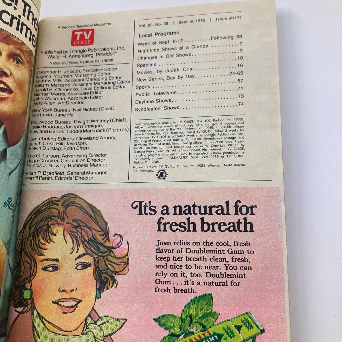 Inside page of TV Guide Magazine September 6 1975 #1171 detailing local programs for the week including night shows, new series, and a feature on 'Doublemint Gum' advertising. A glimpse into the content offerings of this historic TV magazine.