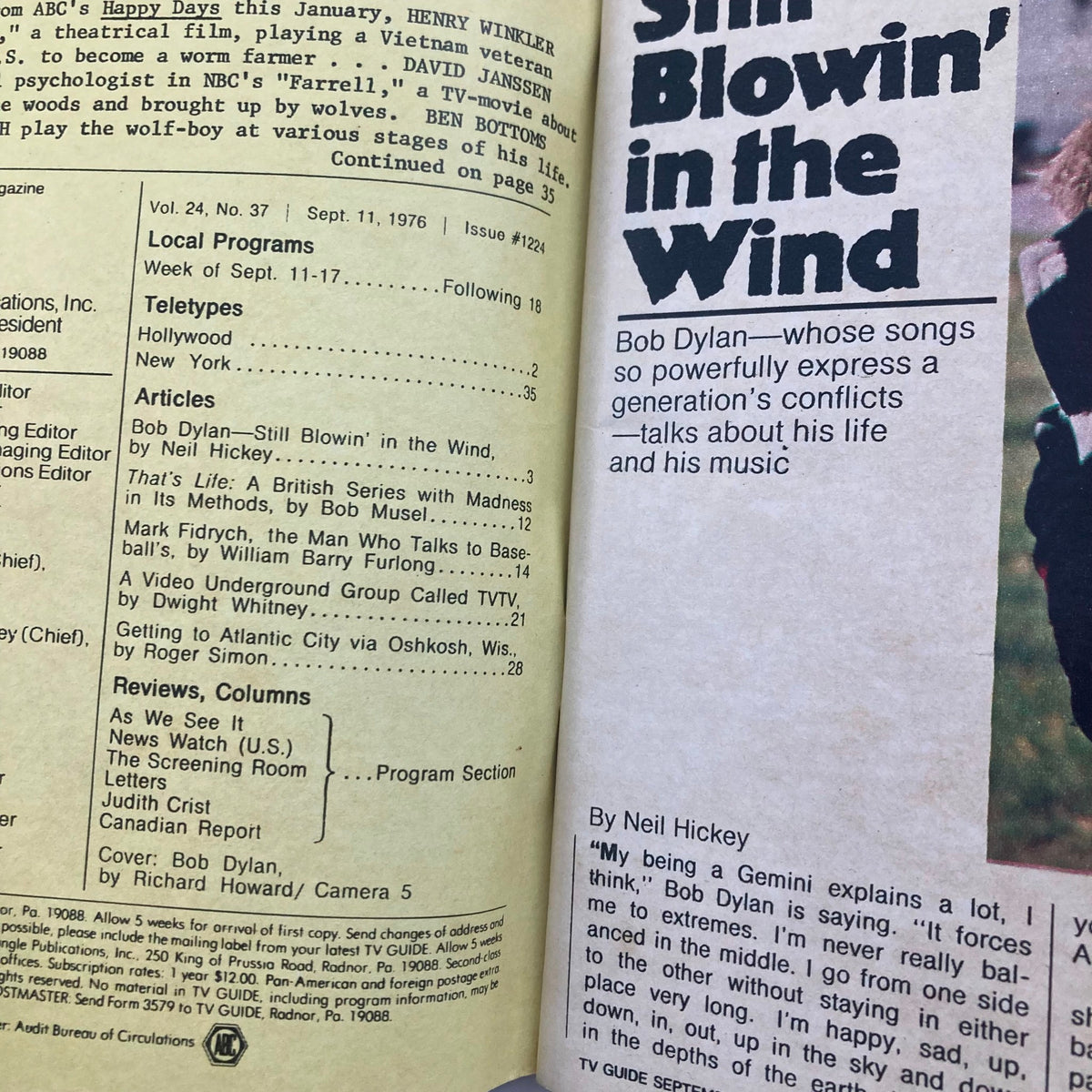 TV Guide Magazine September 11 1976 #1224 Bob Dylan Northern FL. Ed.