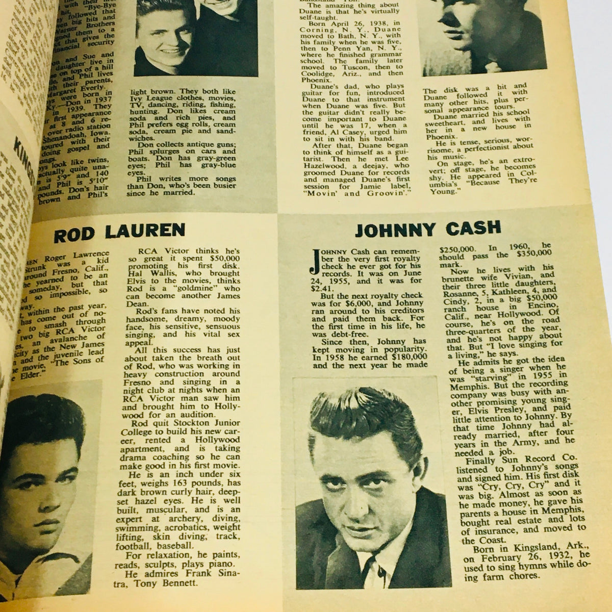 Page featuring articles on Rod Lauren and Johnny Cash from the VTG Movieland and TV Time June 1961 Annual, showcasing classic entertainment history.
