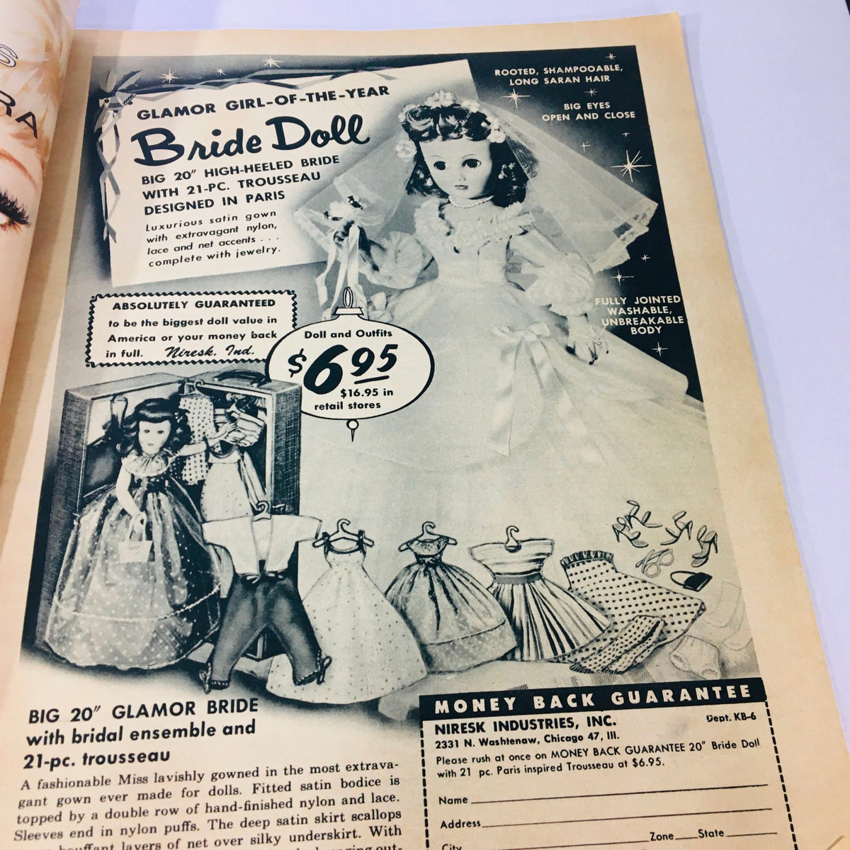Vintage advertisement for the Bride Doll from November 1959 VTG Movieland and TV Time magazine, featuring a stylish gown and doll accessories.