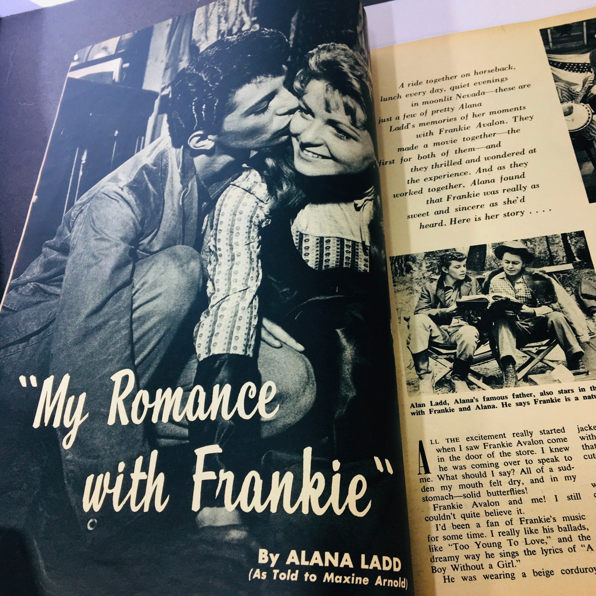 Another glimpse of the feature story 'My Romance with Frankie' in November 1959 VTG Movieland and TV Time magazine, featuring images from the romantic article.