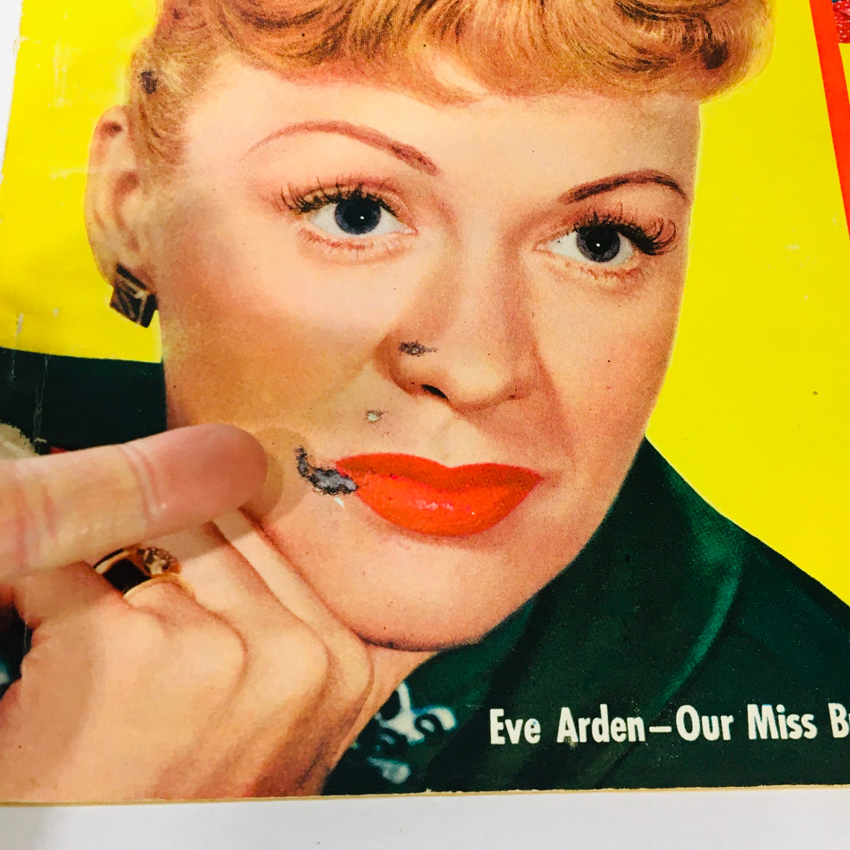 Close-up of the cover of the VTG Radio-TV Mirror Magazine from October 1953, highlighting Eva Arden's face with details of wear.