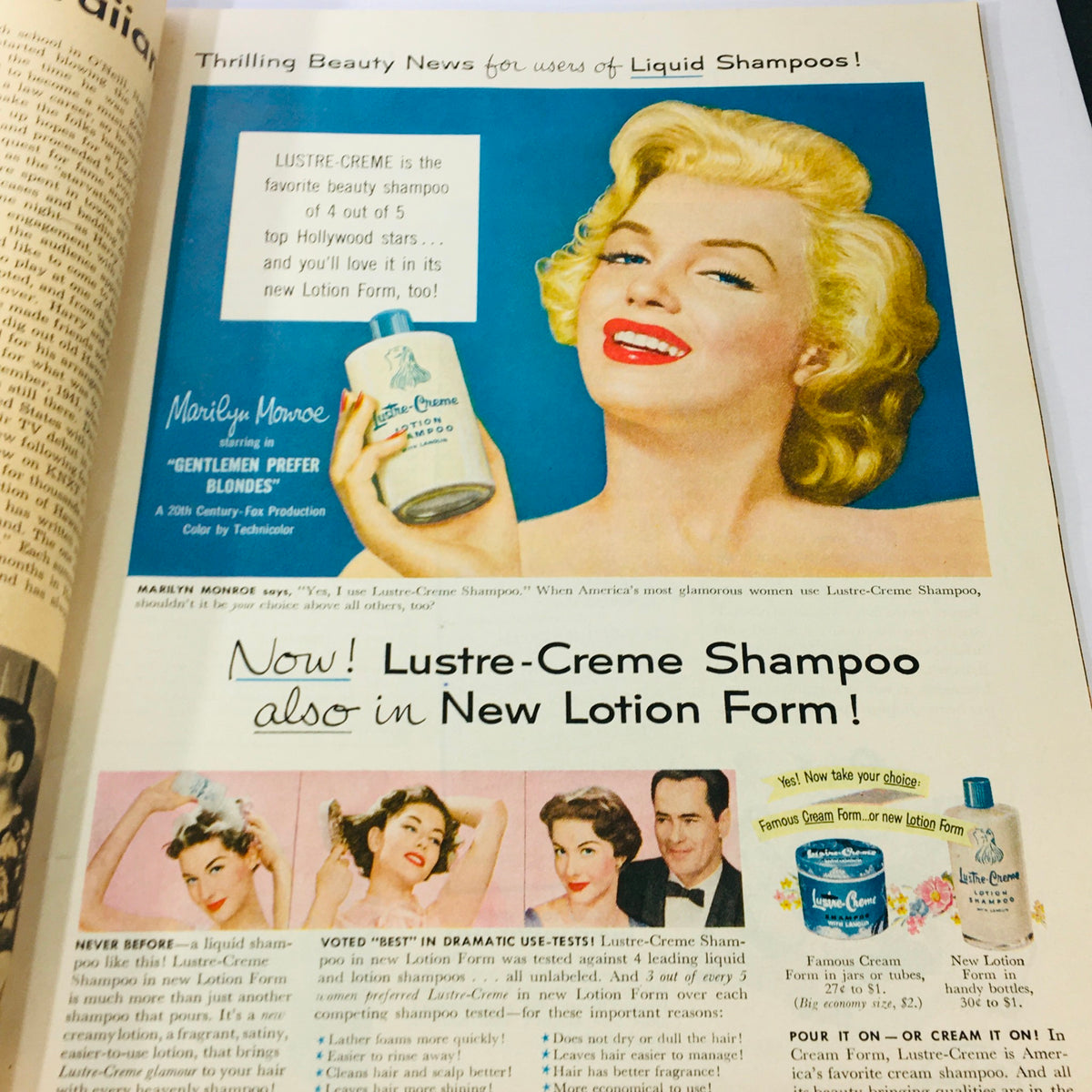 Beauty advertisement page from the VTG Radio-TV Mirror Magazine from October 1953 featuring Marilyn Monroe promoting Lustre-Creme Shampoo.