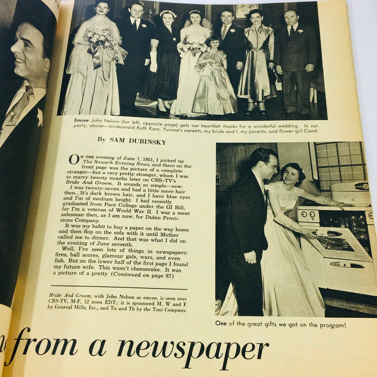Inside page of VTG Radio-TV Mirror Magazine October 1953 capturing a wedding celebration scene with multiple guests, including emcee John Nelson and the bride with her family.