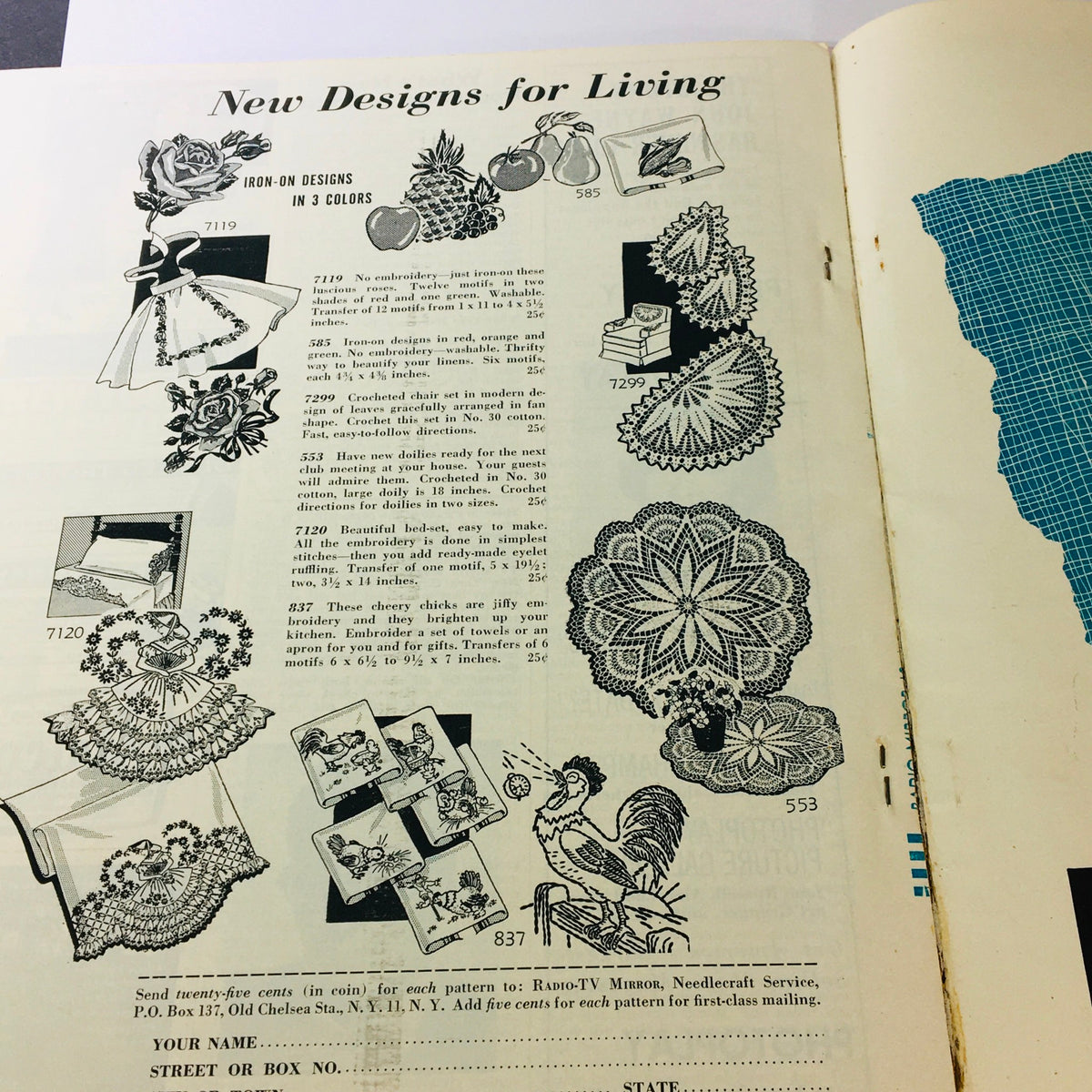 Inside page of VTG Radio-TV Mirror Magazine October 1953 displaying iron-on design patterns for home crafts, showcasing various creative designs available for order.