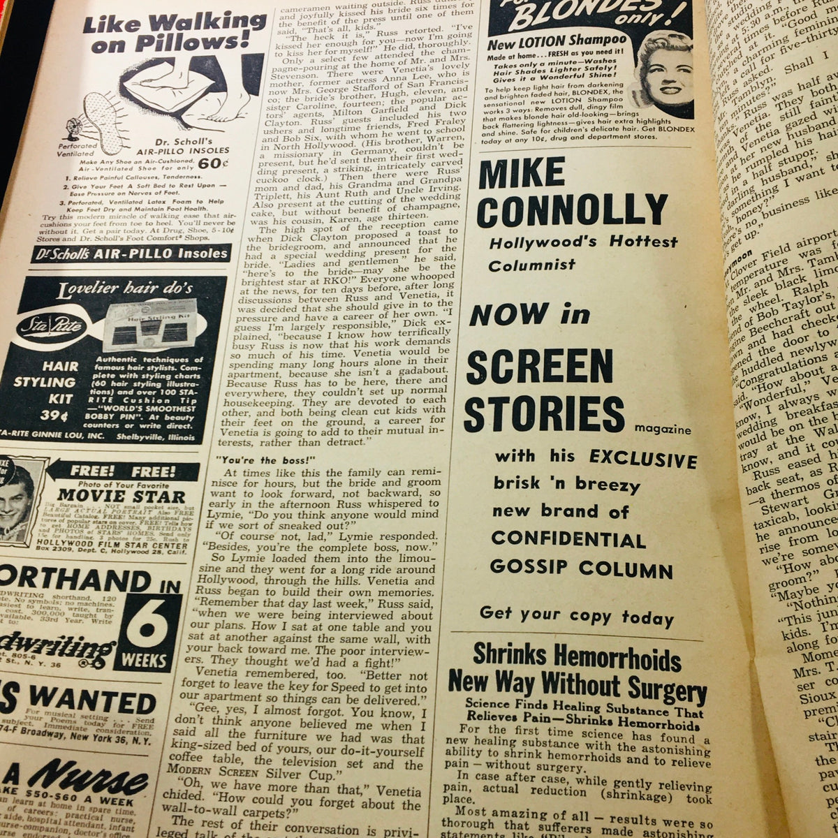 Interior article of the May 1956 Modern Screen Magazine featuring Hollywood gossip and advertisements from the era, highlighting the charm of 1950s cinema.
