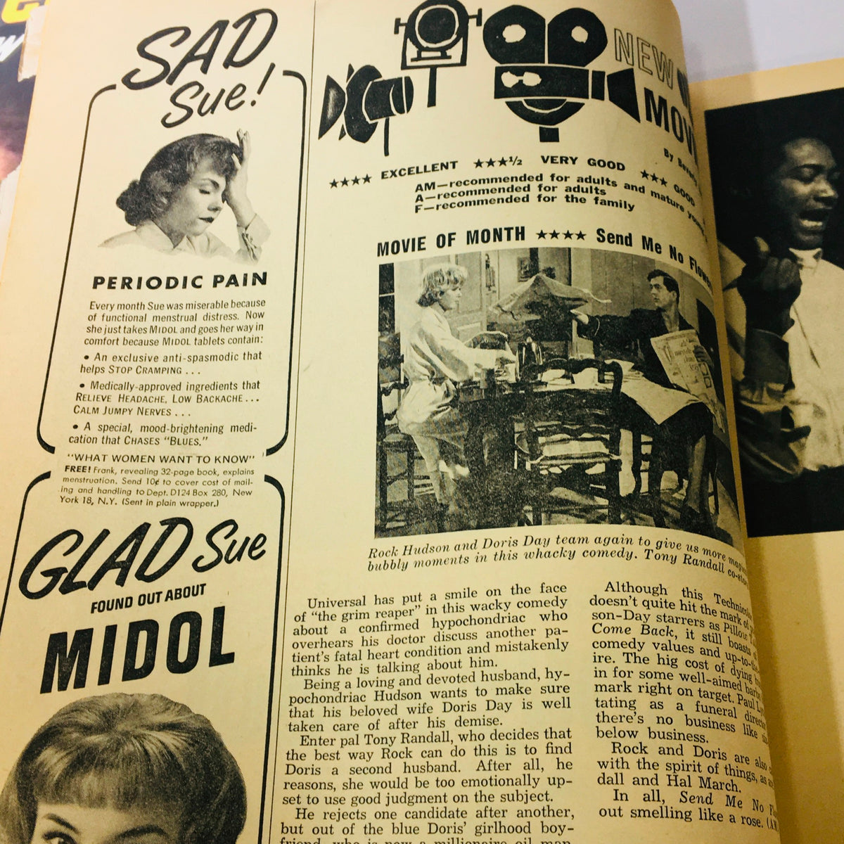 Interior page of VTG Modern Screen Magazine December 1964, displaying an article with a vintage ad for Midol, reflecting the magazine's cultural context.