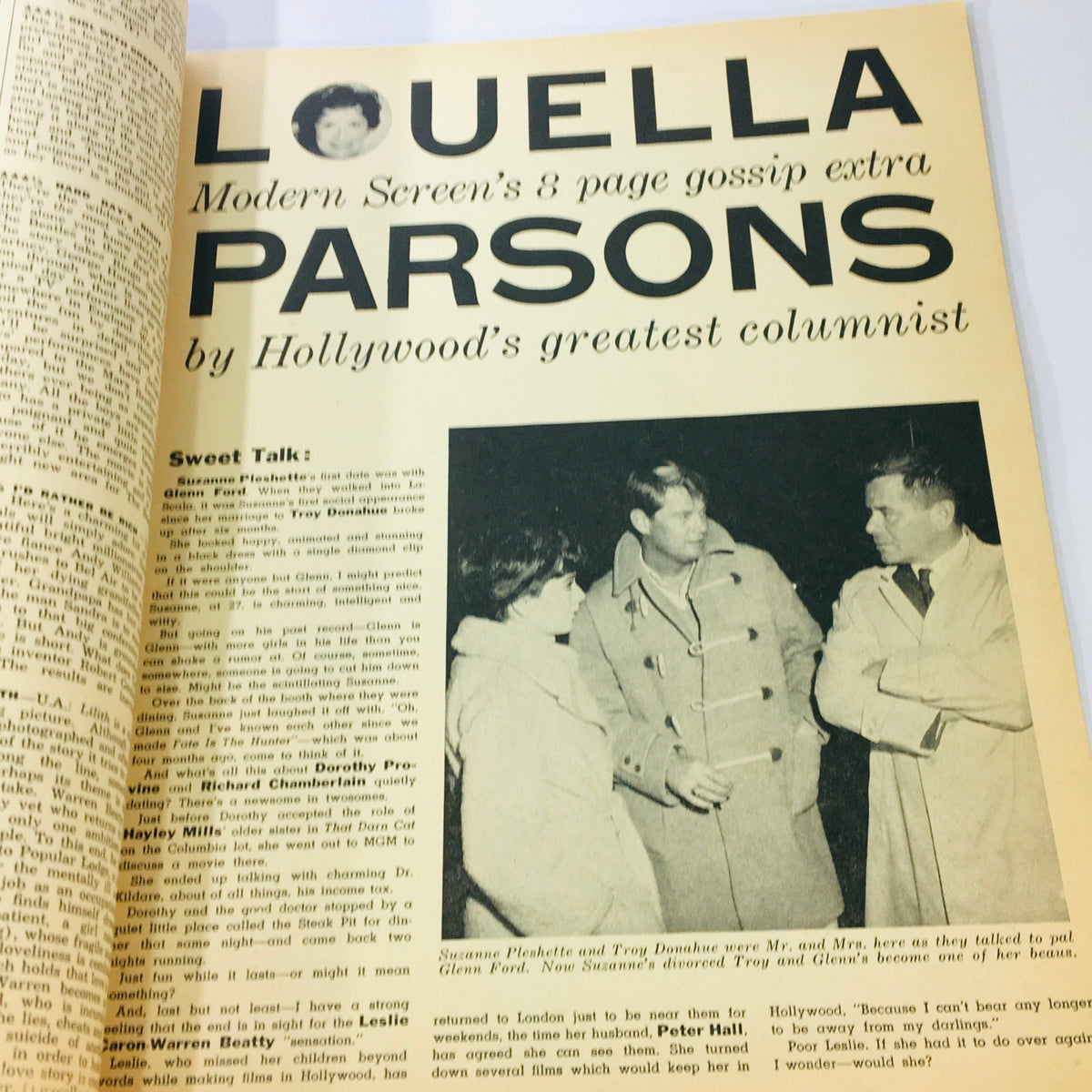 Interior page of VTG Modern Screen Magazine December 1964 featuring gossip column by Louella Parsons, highlighting Hollywood's greatest personalities.