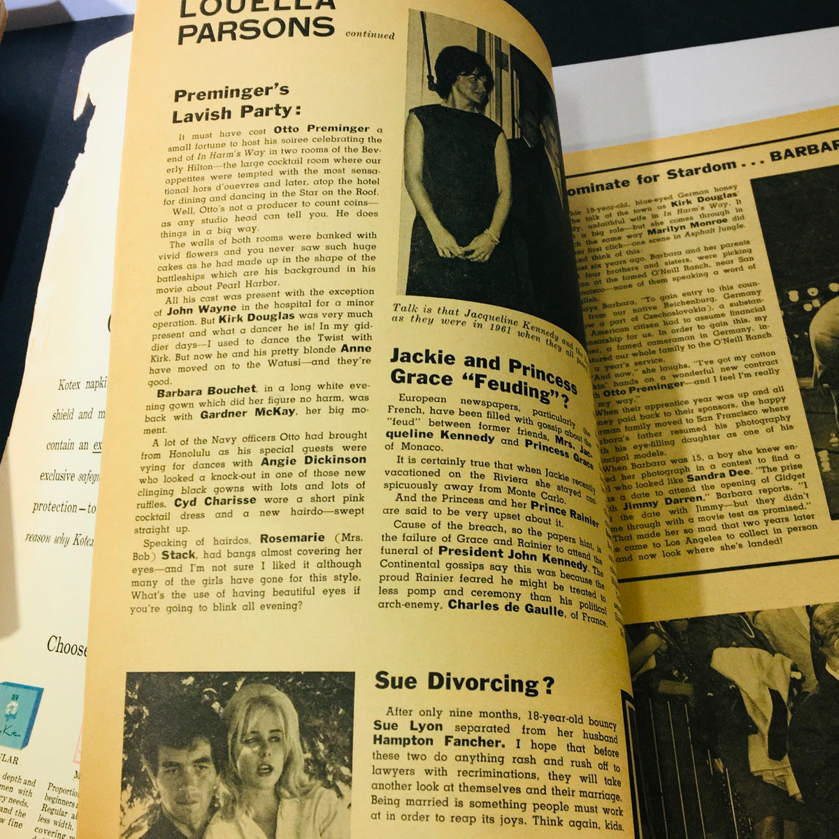 Page from VTG Modern Screen Magazine December 1964 featuring Jackie Kennedy with discussions about celebrity feuds and cultural events of the 1960s.