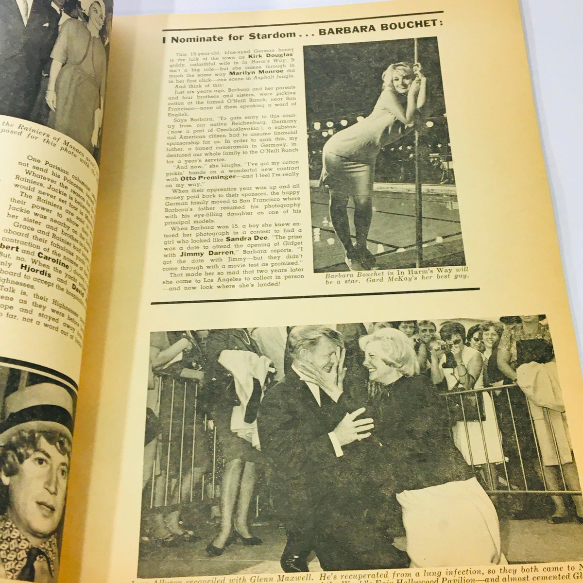 Page from VTG Modern Screen Magazine December 1964 showcasing Barbara Bouchet, highlighting her nomination for stardom and her connections in Hollywood.